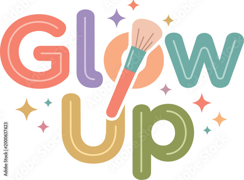 Colorful glow up lettering with makeup brush and sparkles vector art