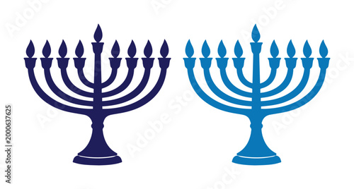 Menorá de Janucá, símbolo judío de nueve brazos, candelabro tradicional para celebraciones, vector azul oscuro y azul claro