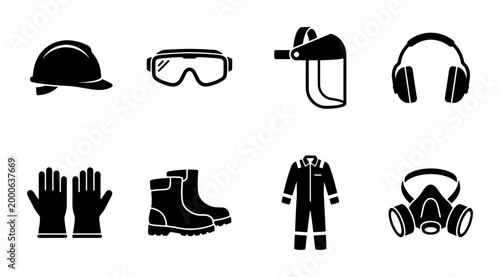 Foto Personal Protective Equipment Icons Set, Safety Gear Collection, Industrial Work