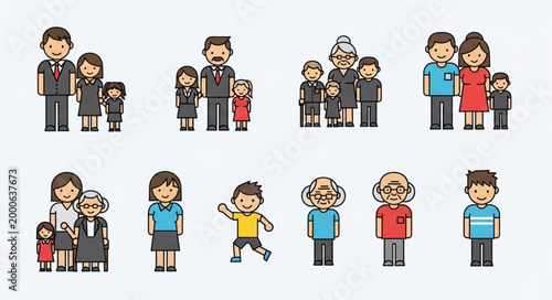 Diverse Cartoon Families and Individuals Representing Generations.