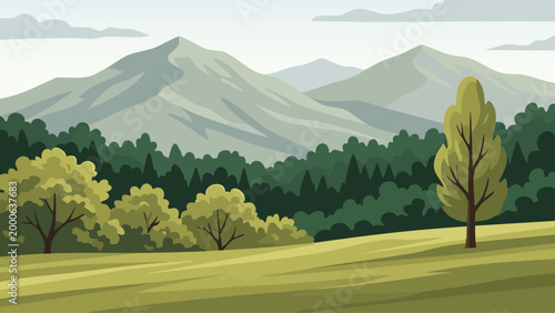 Vector illustration of mountain landscape with trees and field
