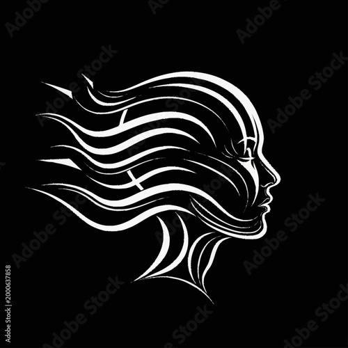 Abstract profile of a womans head with flowing hair.