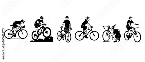 Cyclist silhouette set, professional bike riders in various poses, road racing and mountain biking icons for sports design, minimalist black and white graphic elements for adventure activity concepts.