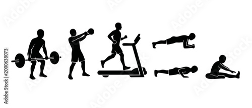 Fitness Exercises Silhouette Set: Weightlifting, Running, Stretching and Bodyweight Training Icons. Professional Workout Collection for Gym Health and Active Lifestyle Infographics Design Elements Iso