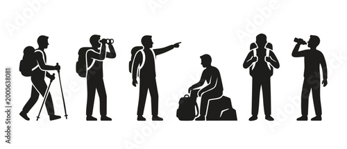 Hiker silhouette set with backpacks in various travel activities like trekking, using binoculars, pointing direction, resting, and drinking water, isolated black graphic icons for tourism and adventur