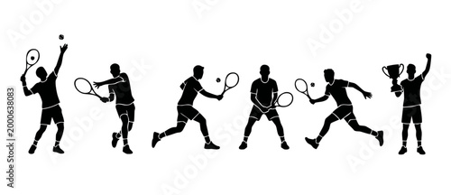 Tennis Player Silhouettes Set, Professional Athletes In Action Poses With Rackets, Balls And Winner Trophy Cup, Isolated Black Vector Icons Collection For Sports Graphics, Tournaments And Championship