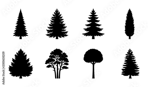 Foto Diverse Tree Silhouettes Collection, Evergreen and Deciduous Vector Icons, Natur