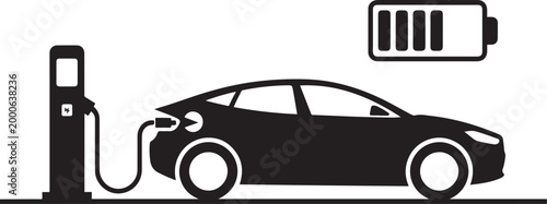 Electric vehicle charging station and car with battery indicator shown. Silhouette vector illustration