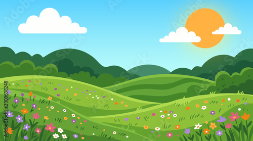 Foto Colorful meadow with rolling hills under sunny sky
