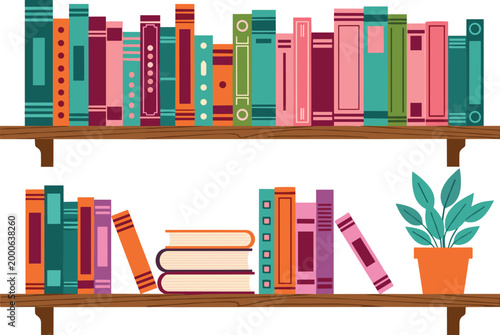 Colorful Bookshelf Vector Illustration with Decorative Books and Potted Plant on Wooden Shelves Isolated on White Background for Home Interior and Library Design.