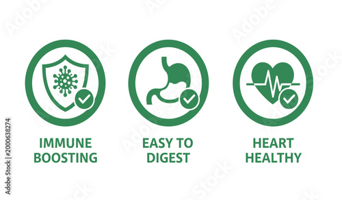 Health and wellness icons immune support digestion and heart health benefits