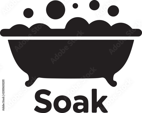 Simple black icon of a tub with water and bubbles labeled soak. Silhouette vector illustration