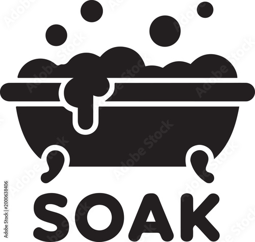 Simple black icon of a tub with water and bubbles labeled soak. Silhouette vector illustration