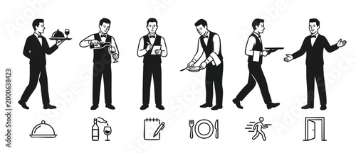 Waiter character set professional serving actions in flat black and white design. Restaurant staff icons, sommelier pouring wine, taking orders and hosting guests for high-end dining hospitality conce