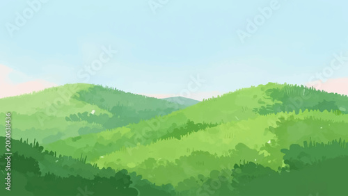 Illustration of rolling green hills under a soft blue sky