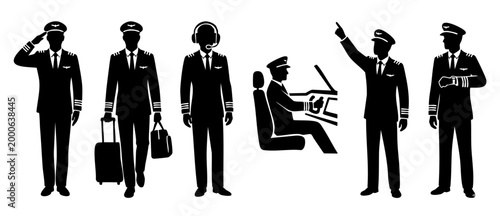 Airline Pilot Silhouette Set, Professional Captains in Uniform Collection, Flying Crew Icons for Aviation Business, Commercial Pilot Characters Standing and Sitting, Isolated Vector Graphic Design Ele