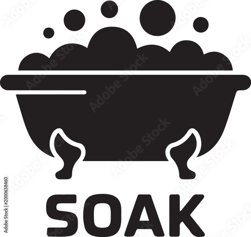 Simple black icon of a tub with water and bubbles labeled soak. Silhouette vector illustration