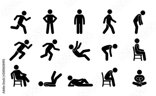 Stick Figure Poses Collection, Diverse Human Actions and Gestures, Simple Black Icons for Presentations and Infographics