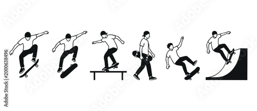 Skateboarder silhouette icon set, extreme skateboarding tricks and stunts collection. Minimalist black vector skater characters in action poses isolated on white background, urban sports hobby concept