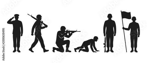 Soldiers Silhouette Set, Military Soldiers in Combat Positions, Army Troop Icons and Infantry Fighting Characters, Isolated Vector Illustration of War Heroes and Tactical Squad for Veterans Day Design