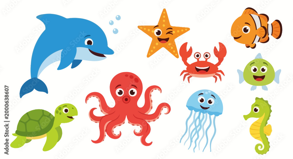 Naklejka premium Cute Cartoon Sea Animals Vector Illustration Set for Kids
