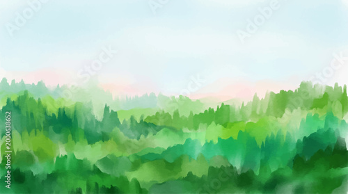 Watercolor forest landscape with soft green hues