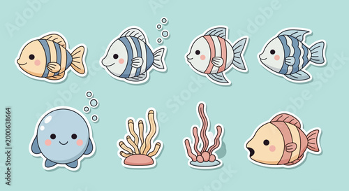 Cute fish and underwater creatures sticker set