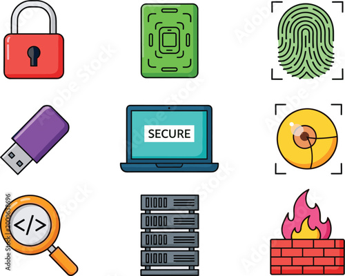 Data Security and Cyber Protection Icon Set with Lock, Fingerprint, USB, Laptop, Firewall, and Server for Websites, Apps, and Digital Media Designs.