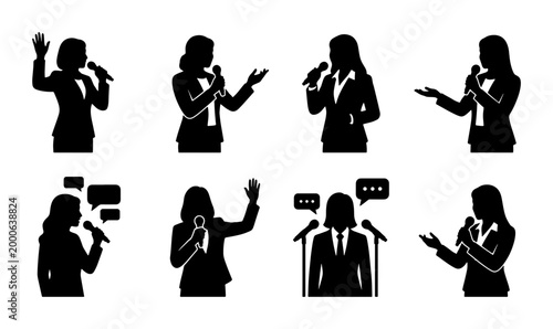 Speaker Silhouette Collection, Public Speaking Icons, Presentation Graphics, Business Woman Microphones, Speech Bubbles, Event Host Vector Set