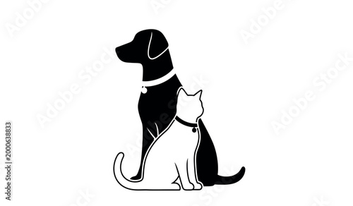 Silhouette of a dog and cat cuddling a heartwarming black and white illustration