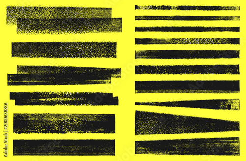 Grunge linocut vector stripes streaks, relief printing wide rectangle shapes rough textured set. Artistic dividers borders backgrounds text box collection. Paint roller stains, lino ink grungy remains