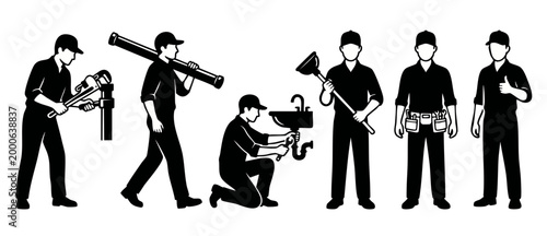 Plumber professional characters set with tools performing maintenance, pipe repair, and sink fixing tasks. Black and white vector illustrations depicting diverse manual labor poses for plumbing servic