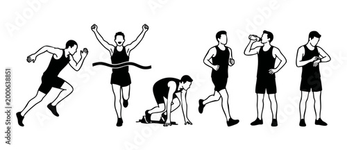 Runner silhouette icons set, man running, finishing race, starting blocks and drinking water. Athletic fitness exercise poses, sprinter activity, marathon training, isolated vector black illustration.