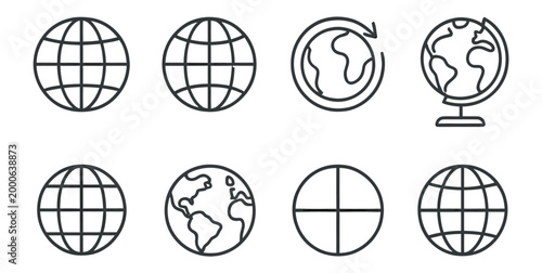 Outline illustrations of globes and world maps in various styles on a white background.