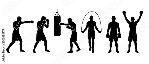 Boxing silhouette set with fighter training, punching bag, jumping rope and champion pose, isolated black icons on white background for sports design elements, martial arts athlete competition fitness