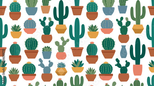 Colorful flat design cactus and succulent plants in assorted pots pattern