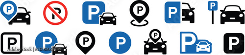 Parking sign and car icons representing parking spot and no parking zones.