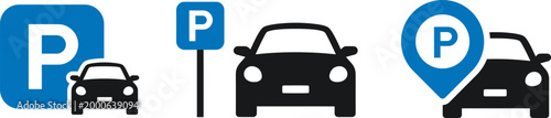 Parking sign icon and car symbols vector illustration blue and black.
