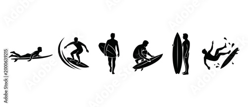 Surfer Silhouette Icons Set, Surfing Man Poses for Water Sports Design, Collection of Extreme Ocean Activity Graphics, Vector Black Isolated Figures on White Background for Surf Shop and Travel Brandi