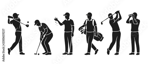 Golf player silhouettes set, professional golfer swinging and putting actions isolated on white background, collection of sports icons for clubhouse signage, tournament branding and graphic design pro