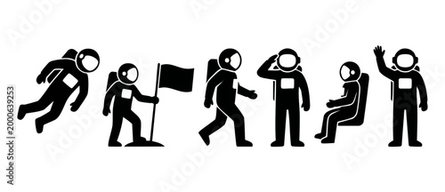 Astronaut Icon Set Vector Design, Spaceman Characters Collection in Different Poses, Isolated Black Silhouettes for Space Exploration Projects, Science Education Graphics, Flat Minimalist Cosmic Graph