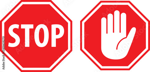 Red stop signs with word stop and hand symbol on transparent background.
