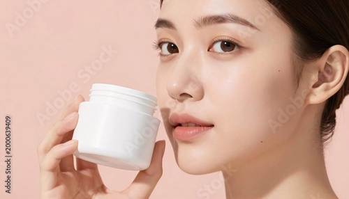 Model Holding Skincare Cream Jar Against Pink Background