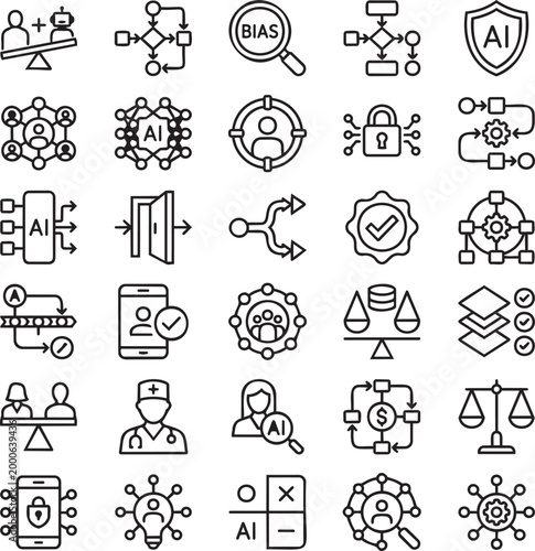 30 Ethical AI Line Icons – Algorithmic Justice, Responsible Technology, Fairness in Automation Minimalist Vector Outline Set for UI UX