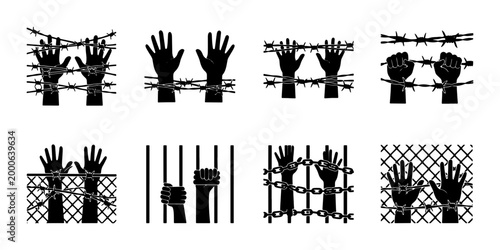 Foto Hands trapped in barbed wire and prison bars, symbolizing confinement and restriction