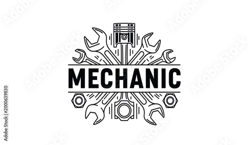 Vintage mechanic workshop emblem tools gears and bold typography design