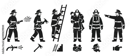 Firefighter icons set, firemen silhouettes with equipment, rescue actions, ladder, axe and hose, emergency service vector collection isolated on white background for web design, public safety, and pic