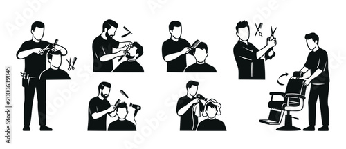 Barber Shop Icons Set, Hairdresser Cutting and Styling Service, Men Haircut Tools, Grooming Professional Man Silhouette Illustration for Salon Menu Design, Website Web UI Graphics and Branding Assets