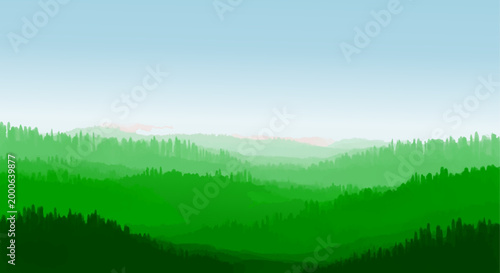 Vector illustration of layered green hills under blue sky