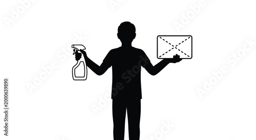 Vector illustration of a person holding a spray bottle and blank screen on white background. on white background